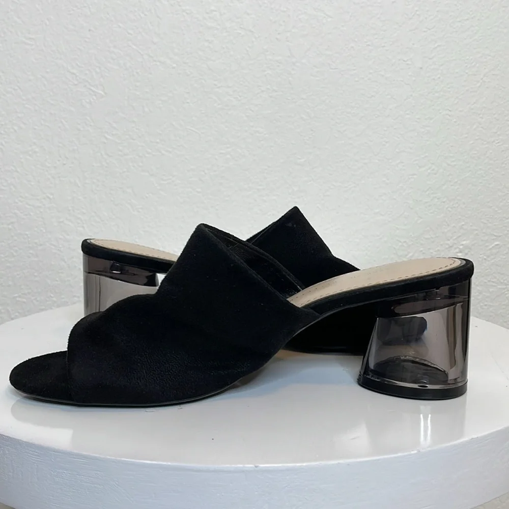 ZARA BLACK FAUX SUEDE SLIDE SANDALS LUCITE ROUND HEEL OPEN TOE MINIMALIST MULES - Picture 6 of 14